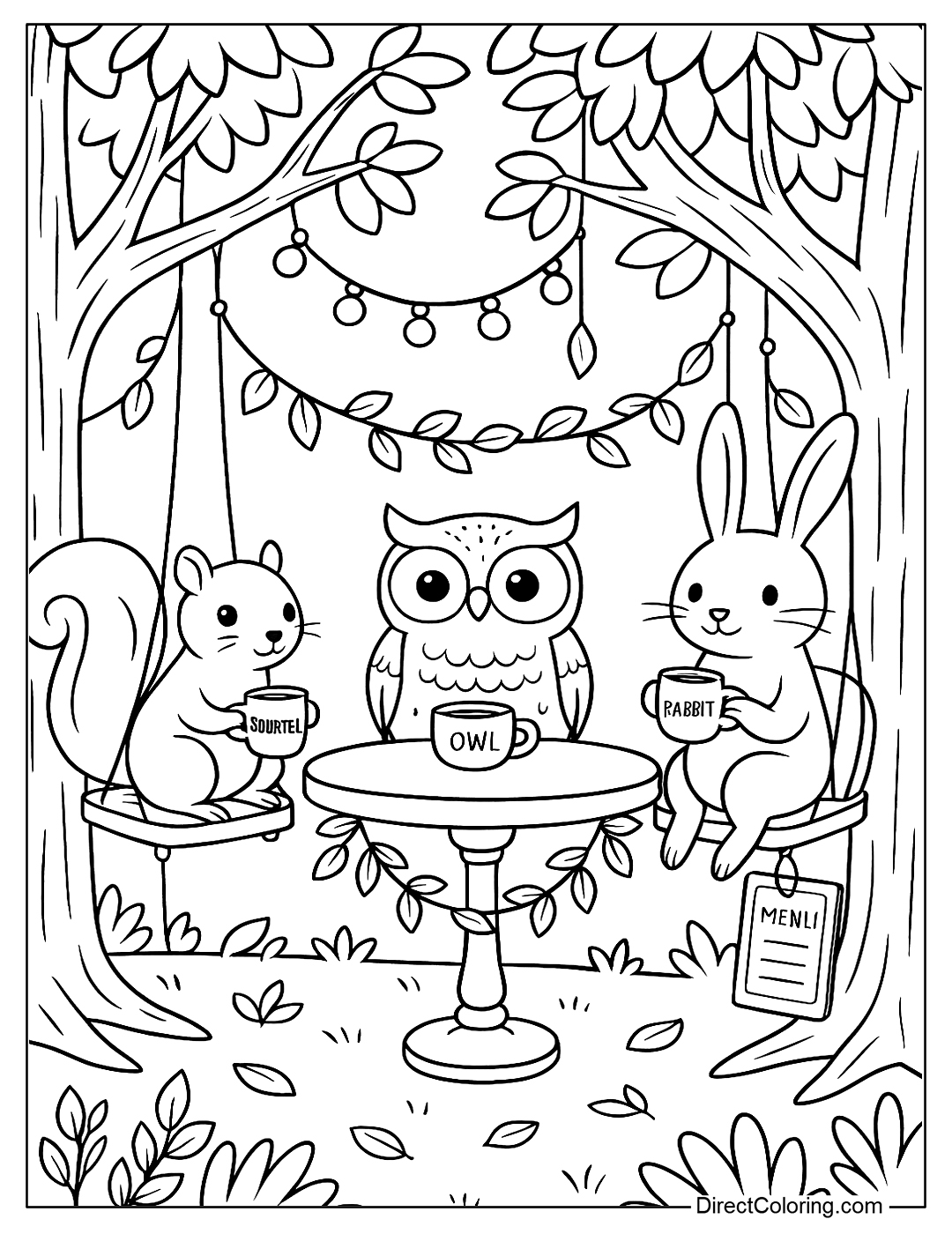 Animals such as squirrels, owls, and rabbits sit on chairs hanging under the trees, sipping coffee from cute little cups coloring page